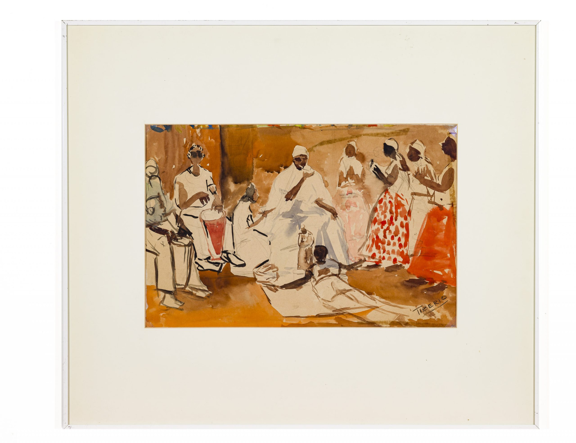 Pintura em aquarela de Wilson Tibério retratando um ritual de candomblé, com pessoas vestidas de branco, tambor em tons de vermelho e vestidos laranja e vermelhos, em fundo terroso.