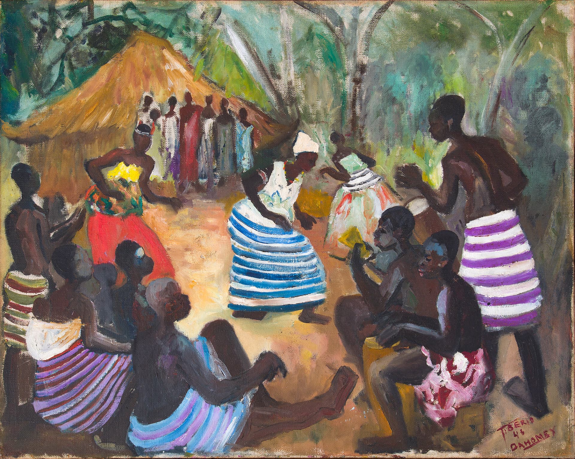 Pintura a óleo de Wilson Tibério retratando uma aldeia africana, com pessoas reunidas em uma roda de dança ao redor de uma cabana com telhado de palha, em tons terrosos e roupas coloridas.