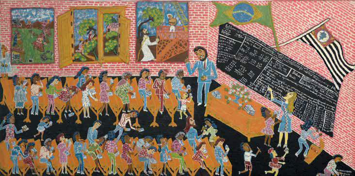 Pintura Mobral, de Maria Auxiliadora da Silva: sala de aula cheia de pessoas em bancos, professor apontando para um quadro-negro, com bandeiras do Brasil e de São Paulo.