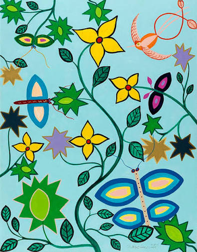 Pintura Borboletas de Franca, de Abdias Nascimento: borboletas, flores e folhagens coloridas sobre fundo azul-claro.