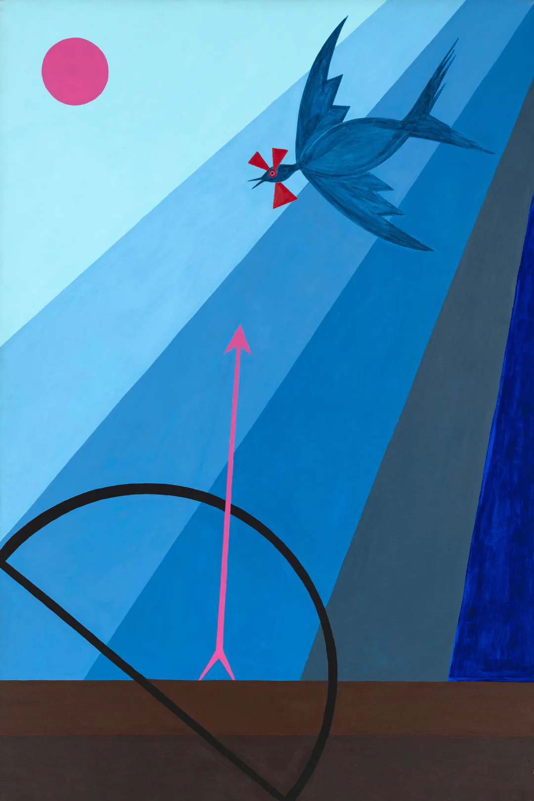 Pintura Invocação noturna ao poeta Gerardo Mello Mourão: Oxóssi, de Abdias Nascimento: arco e flecha sob um pássaro em voo, em tons de azul.