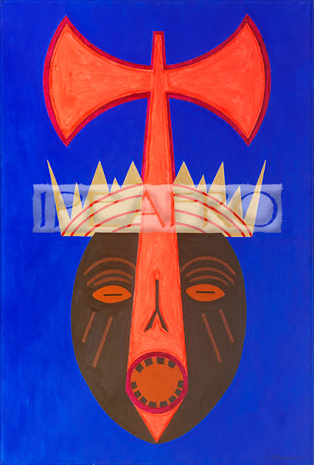 Pintura Xangô Rodrigues Alves, de Abdias Nascimento: machado vermelho sobre máscara escura, em fundo azul intenso.
