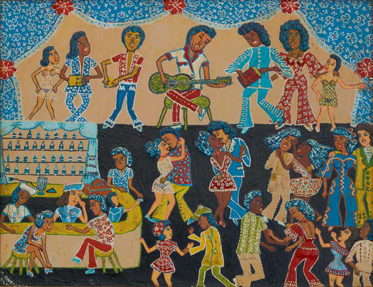 Pintura Bar com gafieira, de Maria Auxiliadora da Silva: casais dançando em um bar com banda ao fundo, mulheres no balcão e cortinas floridas.