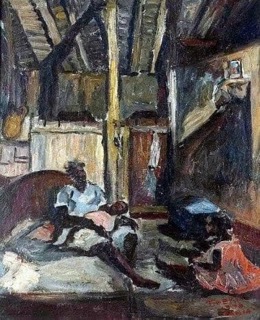 Pintura a óleo de Wilson Tibério retratando, no interior de uma casa simples, uma mulher negra sentada acompanhada de duas crianças, com um pequeno altar no canto superior direito.